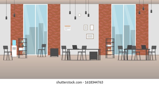 Open plan office with brick wall. No people. Vector.