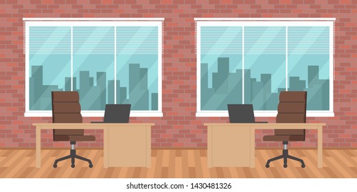 Open plan office interior. Brick wall. Vector illustration.