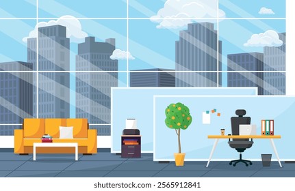 Open plan office interior with furniture, equipment and tree. Office workspace with partitions.