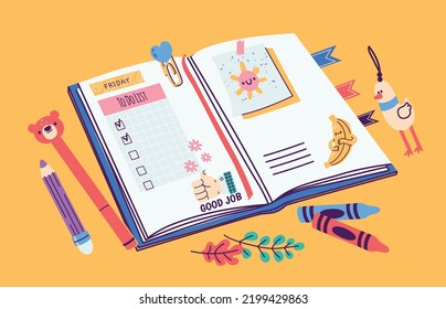 Planer öffnen. Cartoon Tagebuch mit Noten Erinnerung Checkliste Plan bunte Dekoration, minimale niedliche Notebook mit Schreibwaren. Vektorflache Illustration. Täglicher Organisator mit zu tun Liste und Krebse