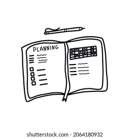 Open planner. Planning and making a list of tasks for the day. Pen is next to it. Black and white vector isolated illustration doodle. Morning routine