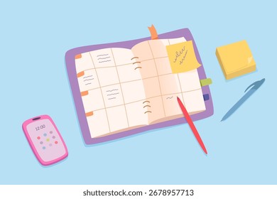Planificador abierto con bolígrafo rojo, nota adhesiva, teléfono inteligente y pila de notas amarillas, para organización de horarios y productividad. Ilustración vectorial de dibujos animados.