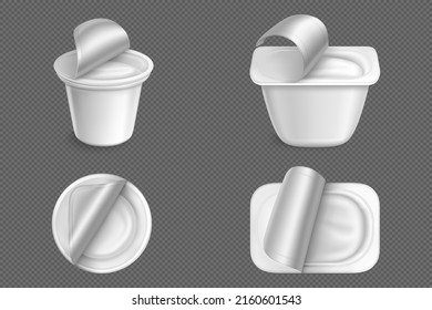 Open plastic containers for yogurt in front and top view. Vector realistic 3d mockup of white cups with yoghurt or dairy product and foil lid isolated on transparent background