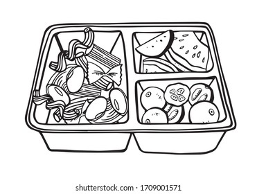 Open plastic food container with three sections. Top view with pasta; fruits and vegetables. Outline vector sketch illustration
