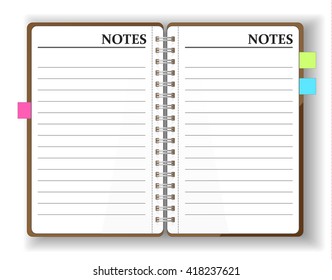 Open Pocket diary, notebook, notepad, organizer, journal. Stationery book set.Contacts and personal information. Isolated vector graphic illustration. Blank pages