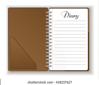 Open Pocket diary, notebook, notepad, organizer, journal. Stationery book set.Contacts and personal information. Isolated vector graphic illustration. Blank pages