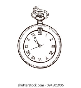 Open Pocket Watch In Vintage  Style. Hand drawn ink sketch vector illustration isolated on white background