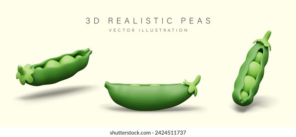 Open pod of green peas. Realistic image, front, side, angle view. Raw natural food