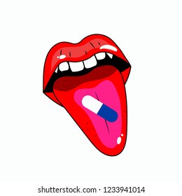 Open pop art mouth with pill on tongue, comic mouth with red lips and pill. Vector illustration