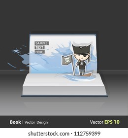 Open Pop Up Book with illustrations of pirate ship with parrot. Vector background design.