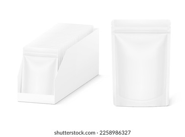 Open pos display box with pouch bags mockup. Vector illustration isolated on white background. Easy to use for your product. EPS10.	