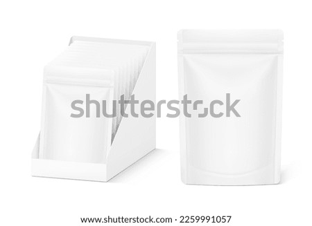 Open pos display box with pouch bags mockup. Vector illustration isolated on white background. Easy to use for your product. EPS10.