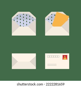 Open postal envelope, closed postal envelope, letter envelope. Postal envelope with New Year's decoration