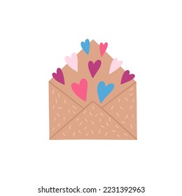 Offener Briefumschlag für Handarbeit mit wegfliegenden Herzen. Valentinstag Concept Illustration. Vektorklammer für Grußkarten, Hochzeitseinladungen, Feiern, Geburtstagskarten.