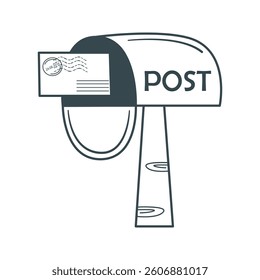 Open postbox with letter doodle sketch style. Delivery and receipt of letters and correspondence. Black outline illustration mailbox, vector graphics
