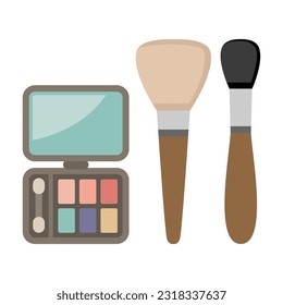 Open powder case with mirror, makeup angled brush. Realistic concept on white background. Advertising template for online store of decorative cosmetics, makeup artist classes.