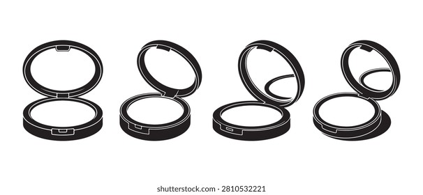 Open Powder Compact Icon Set with Four Black Cosmetic Mirror Designs.