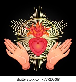Open praying hands around sacred heart of Jesus. Hope faith and help, assistance and support symbol. Vector color illustration in vintage style isolated on black. Spirituality, religion, Catholicism.