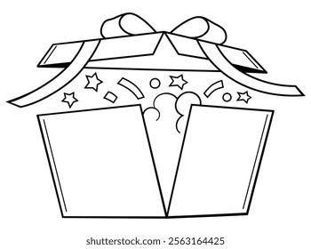 Open present box with confetti. Vector line design on a white background. Surprise, giveaway, sale.