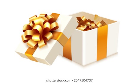 Open present box with golden confetti. Vector illustration