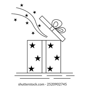 Abra la caja de regalo con el arte mágico de la línea de las estrellas. concepto de la celebración del acontecimiento y de la promoción del regalo de la venta al por menor