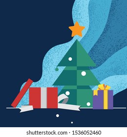 open presents box in front of Christmas tree with blue tone background