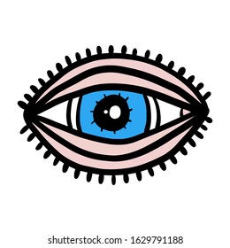 Open psychedelic blue eye hand drawn vector logo illustration in cartoon comic style print poster make up