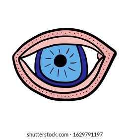 Open psychedelic blue eye hand drawn vector logo illustration in cartoon comic style print poster make up pink skin