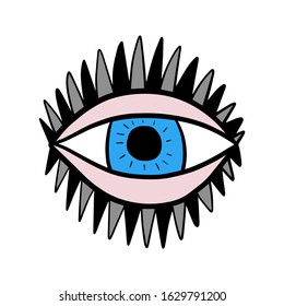 Open psychedelic blue eye hand drawn vector logo illustration in cartoon comic style print poster make up sharp lashes