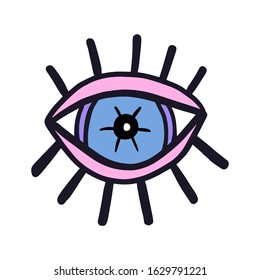 Open psychedelic blue eye hand drawn vector logo illustration in cartoon comic style print poster make up pink skin