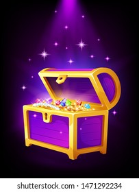 Open purple chest with golden coins and jewelry inside, money, treasure and precious stones, vector illustration