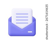 Open purple envelope with white letter with text lines. Email, messaging, communication, document delivery, newsletters, correspondence concept. 3d vector icon. Cartoon minimal style.