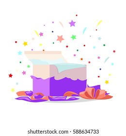 Open purple gift box with bow and stars that pop-up out of it on white. Salute fireworks elements behind the box with surprise. Celebrate holidays and exchange gifts isolated vector illustration.