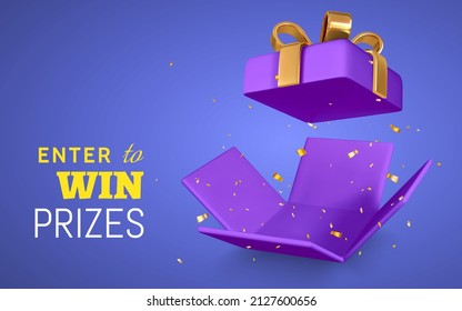 Open purple Gift Box and Confetti on blue background. Enter to Win Prizes. Vector Illustration.