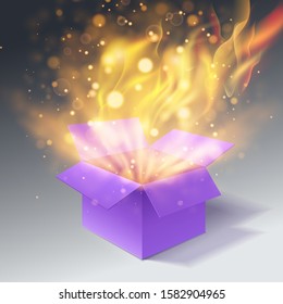Open purple gift box with fire flames and bright rays of light, bokeh effect.  Isolated on gray background