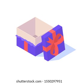 Open purple gift box with red ribbon on white background. Vector isometric illustration.