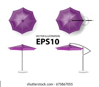 Open purple umbrella for summer and beach cafe. Vector illustration view of the top, side view
