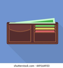 Open purse with money. Simple, flat style. Graphic vector illustration.