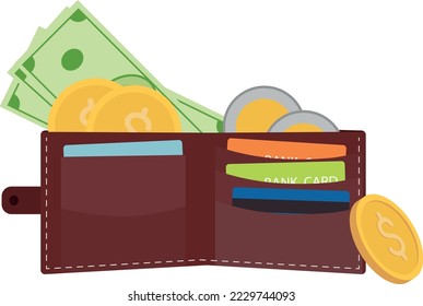 Abrir bolso con dinero. Ilustración plana vectorial de riqueza. Efectivo en una cartera