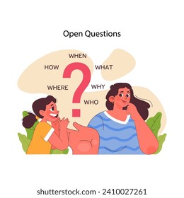 Open questions concept. Mother and daughter discussing, surrounded by floating interrogative words, emphasizing the importance of inquiry. Deep understanding, detailed answer. Flat vector illustration