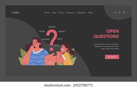 Open questions dark or night mode web, landing. Mother and daughter discussing ideas and concepts, emphasizing the importance of inquiry. Deep understanding, detailed answer. Flat vector illustration