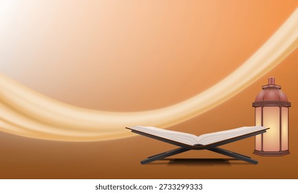 Corán abierto en real con linterna, fondo cálido. Concepto islámico de Ramadán, oración musulmana, libro sagrado, adoración espiritual, composición mínima pacífica.