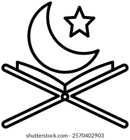 An open Quran on a stand with a crescent moon and star above, icon vector illustration.  Perfect for Islamic, religious, and cultural themes, ideal for use in Ramadan, Eid, or educational materials.