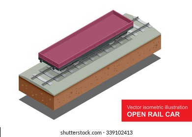 Open rail car for transportation of bulk cargoes. Vector isometric illustration Rail-freight transportation.