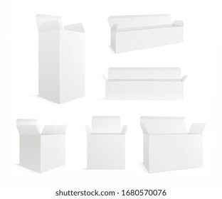 Open Realistic Box. White Carton Opening Boxes. Blank Cosmetic Pack And Container Mockup. Isolated Blank Medicine Or Gift Package Vector Set