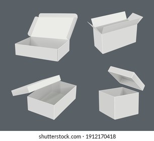 Open realistic boxes. Packages templates cardboard empty containers decent vector blank mockup