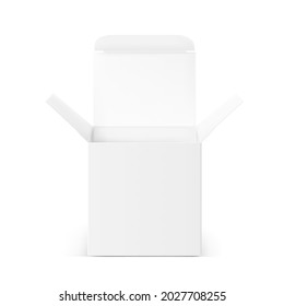 Mockup de caja de embalaje de cartón realista. Ilustración vectorial sobre fondo blanco. Puede usarse para medicamentos, alimentos, cosméticos y otros. Listo para su presentación. EPS10.	