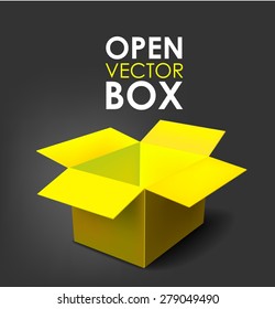 Open realistic cardboard packing box yellow color on a black background