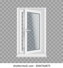 Open realistic glass transparent plastic window with windowsills and opening handle. White home and office windows with one section. 3d vector illustration