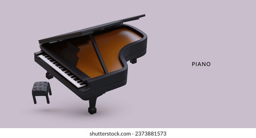 Open realistic grand piano, stool, top view. Large keyboard musical instrument for stage performances. Commercial color poster, place for text. Classical music
